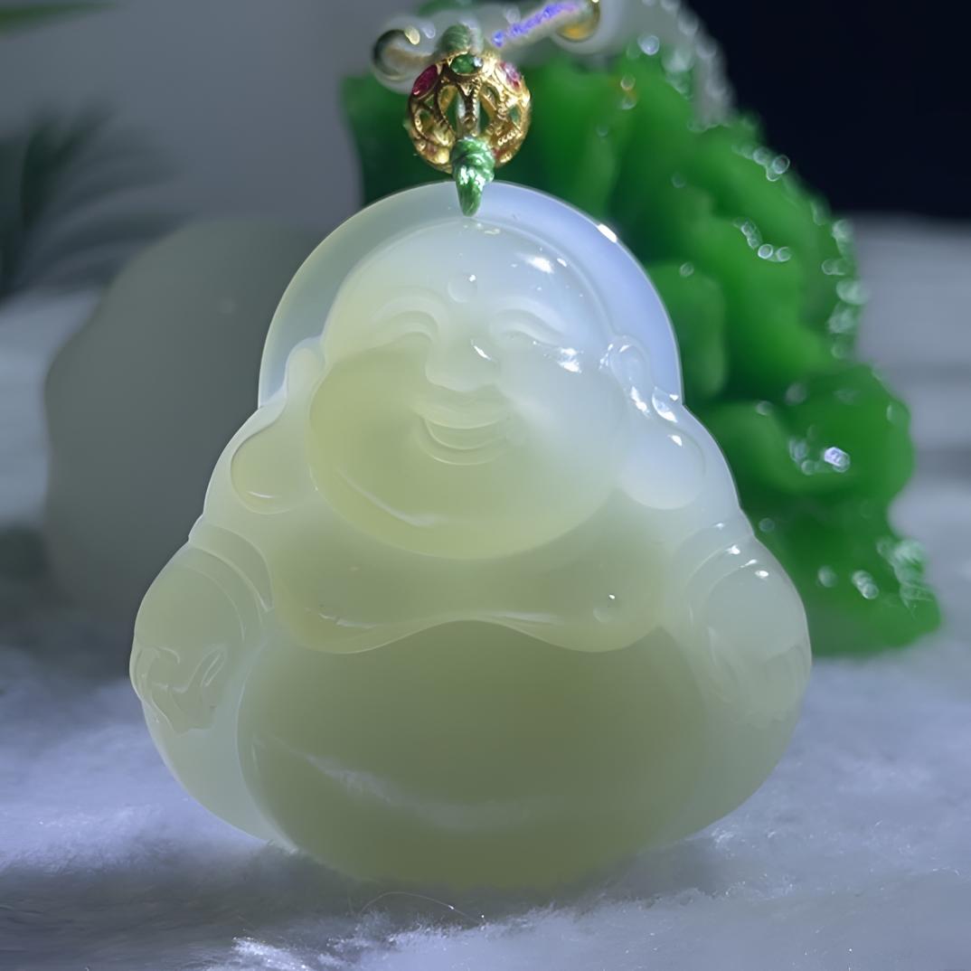 和田玉吊坠冰胶感佛公珍藏级顶细起荧光18K金镶嵌B109