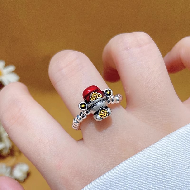 足银戒指 999纯银小财神银珠珐琅彩红色本命年女食指戒