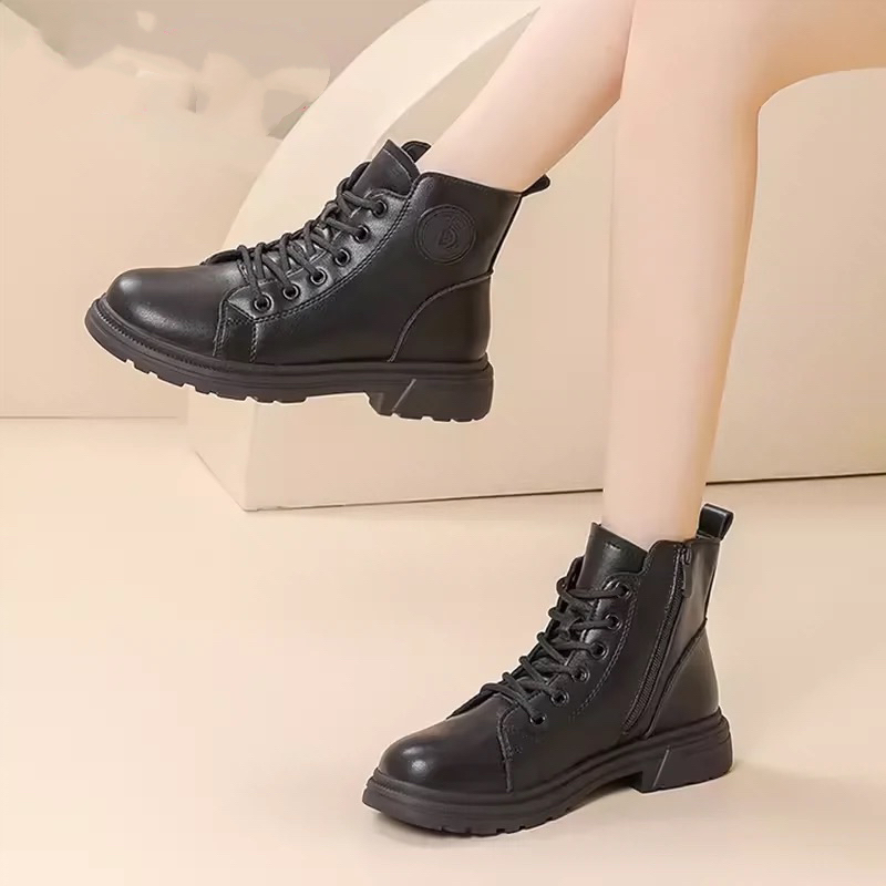 马丁靴冬季新款1735休闲圆头方跟绒里侧拉链短筒靴女鞋