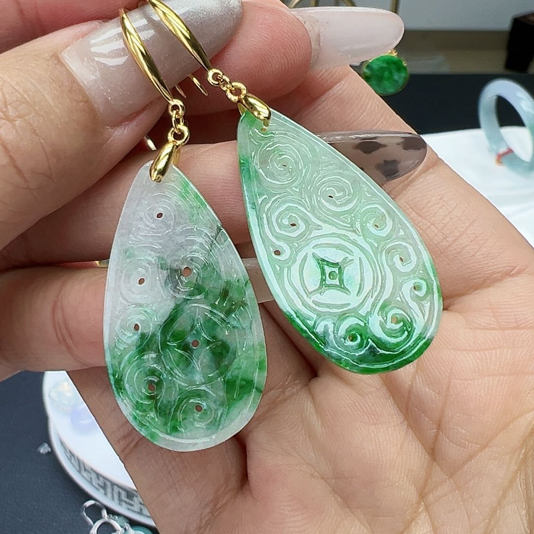 翡翠耳饰银S925镶嵌天然缅甸A货翡翠