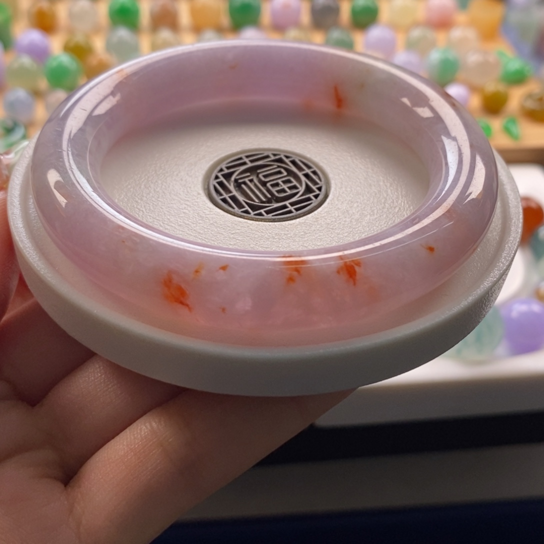 翡翠未镶嵌手镯粉底洒金特色圆条手镯卡51