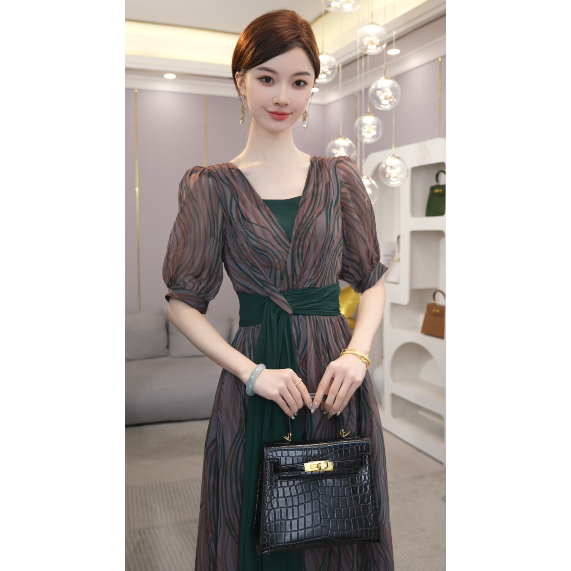 2025春秋新款【DD-2534】高级轻奢长款修身绿色气质连衣裙高级感