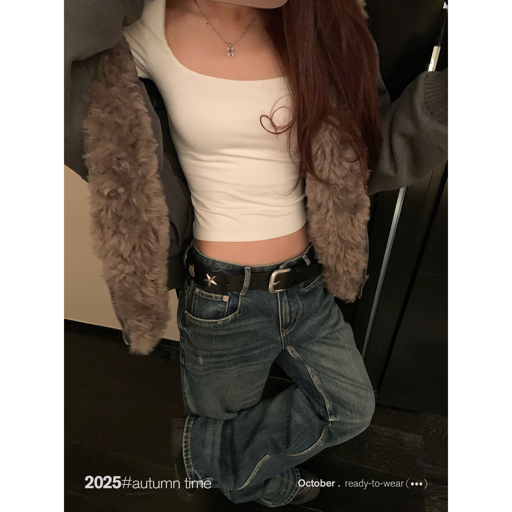 SUNONEONE 低腰压褶纯棉直筒水洗牛仔裤女秋冬宽松休闲裤子H1376K