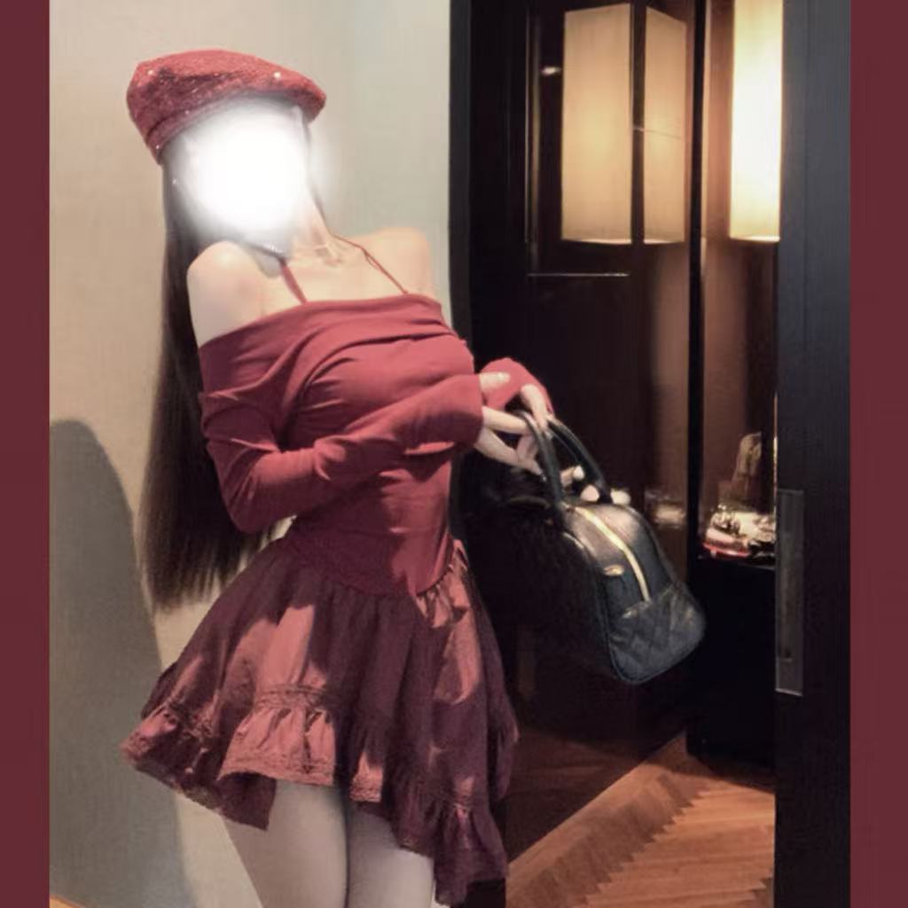 胖鹅张~甜辣风可一字肩可荡领拼接蕾丝假两件吊带裙#6513