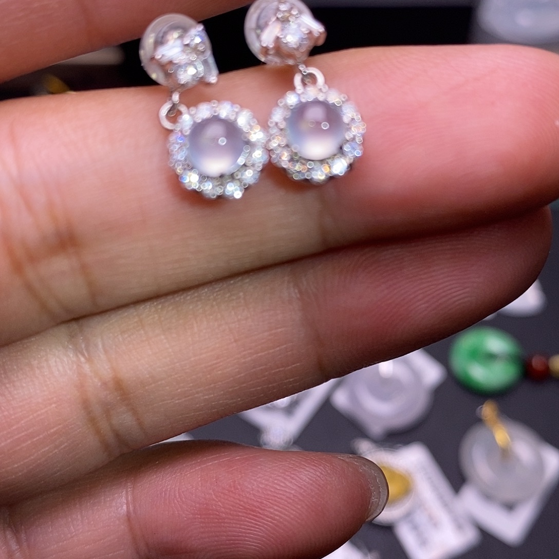 翡翠银S925镶嵌耳饰蛋面耳坠