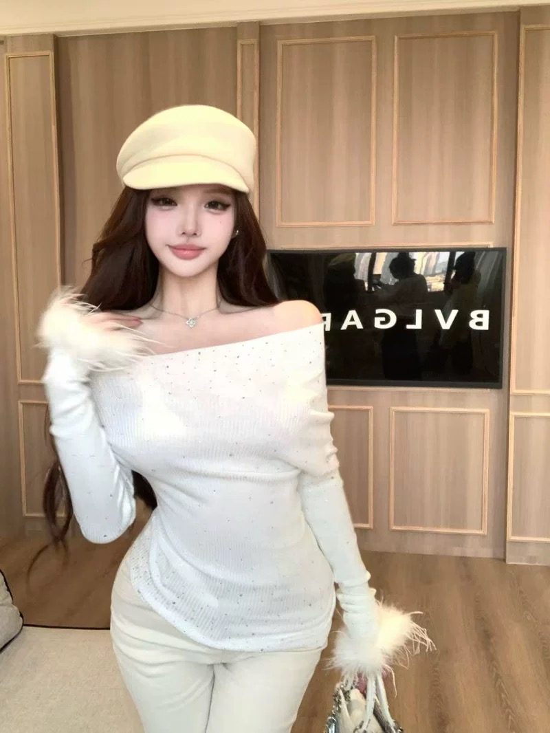 法式重工亮片一字肩毛袖针织衫女2025秋季露肩修身性感打底衫上衣