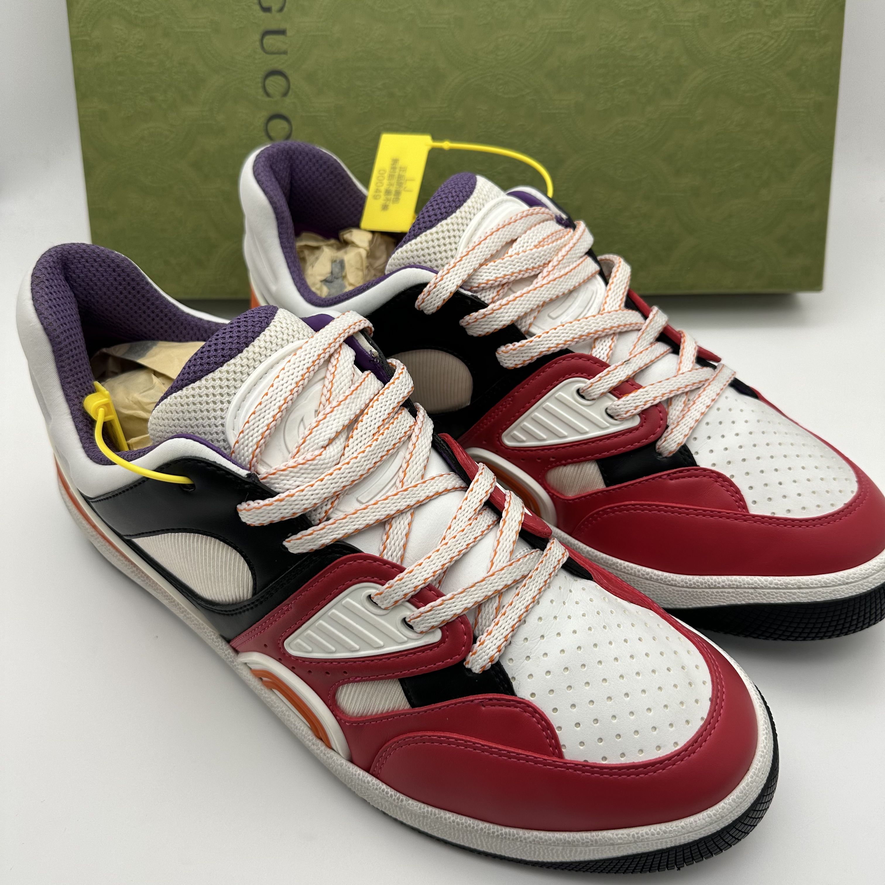 99新 GUCCI/古驰 41.5欧码/红黑多色拼接休闲时尚系带低帮板鞋