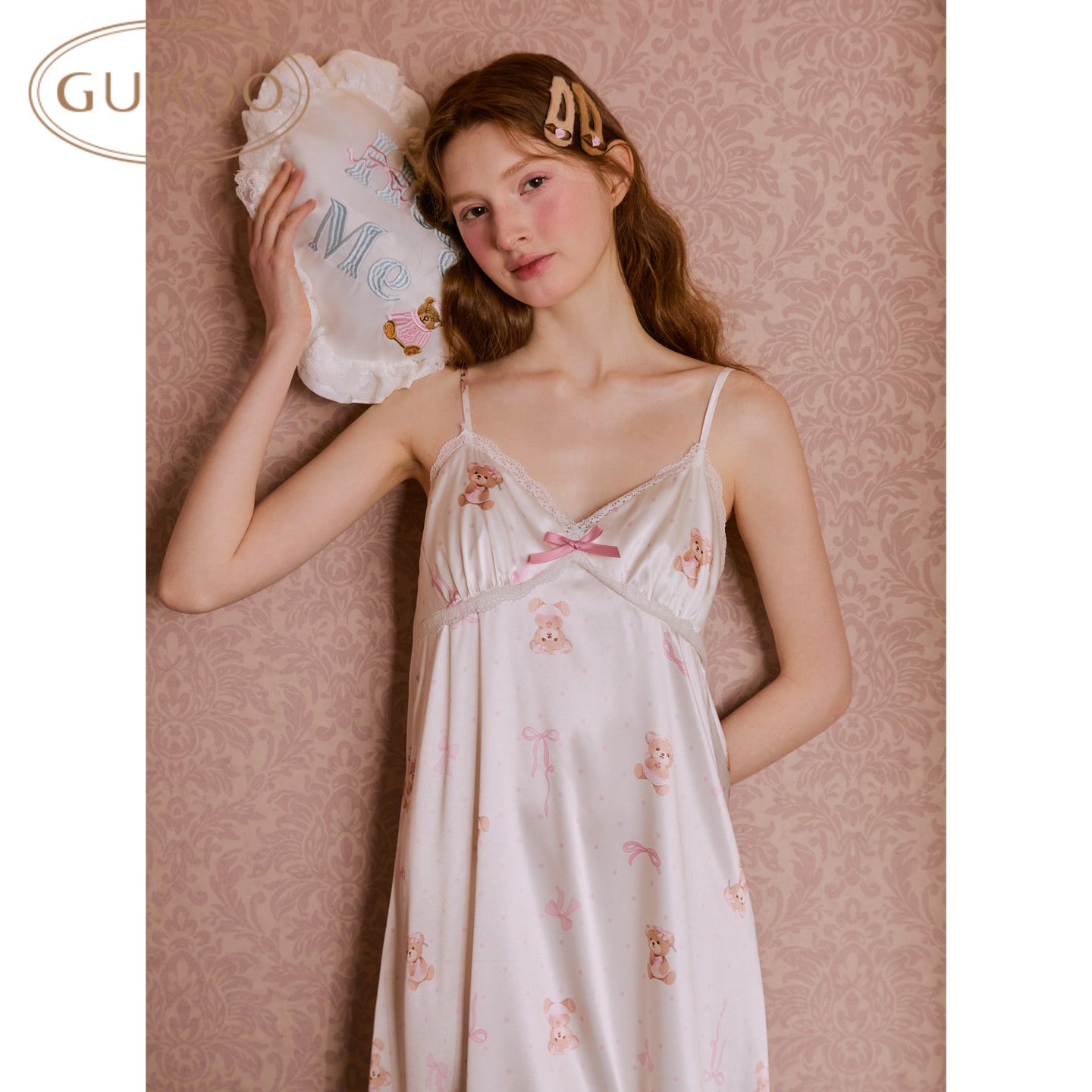 Gukoo/果壳【泰迪熊联名纯欲冰丝吊带】水光缎面可爱睡裙
