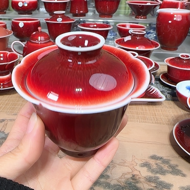 景德镇陶瓷红马坊盖碗