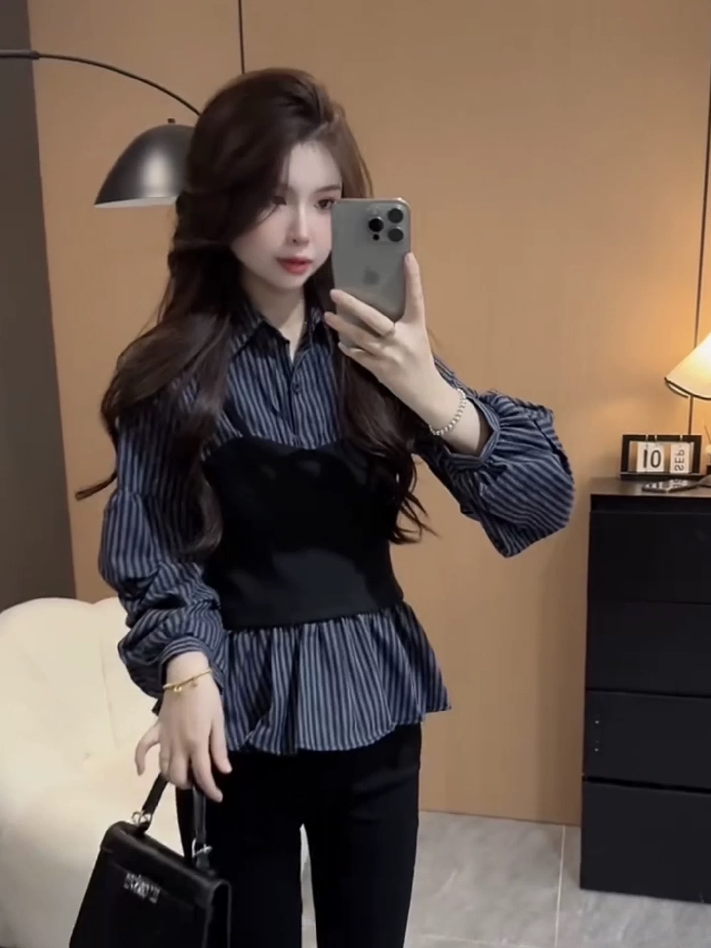 条纹收腰显瘦假两件衬衫女2025秋季新款设计感小众甜辣风上衣