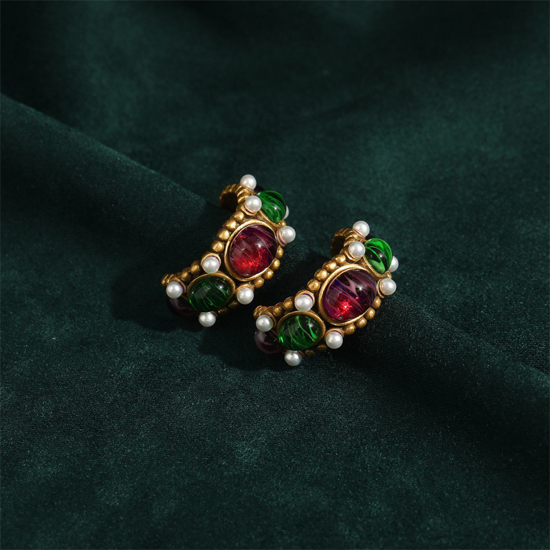 铜合金耳饰 铜合金彩色珠珠耳饰 环耳饰耳坠小众设计复古百搭款