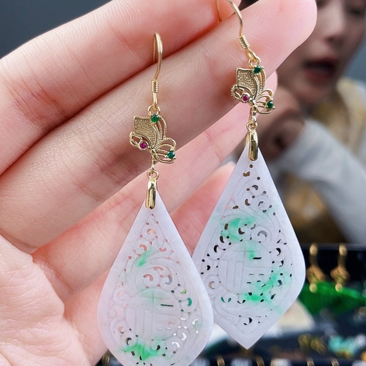 翡翠耳饰银S925镶嵌饰品