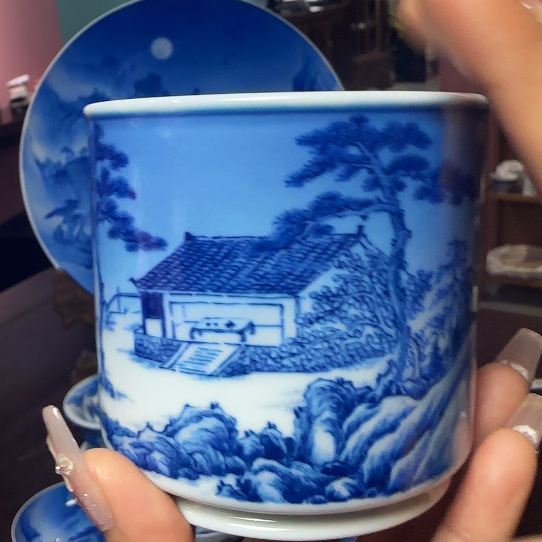瓷片今***觉青花山水主人杯