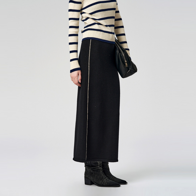 U/TI撞色针织半身裙冬款全羊毛高腰设计感显瘦通勤风百搭直筒裙