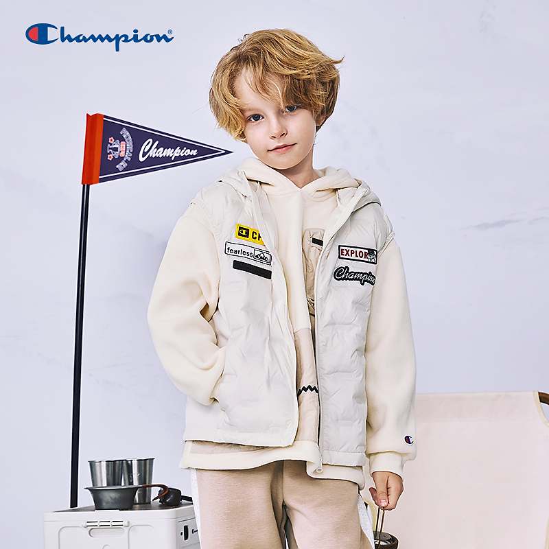 Champion冠军男女大小童装25冬季轻便潮流直充连帽羽绒马甲外套