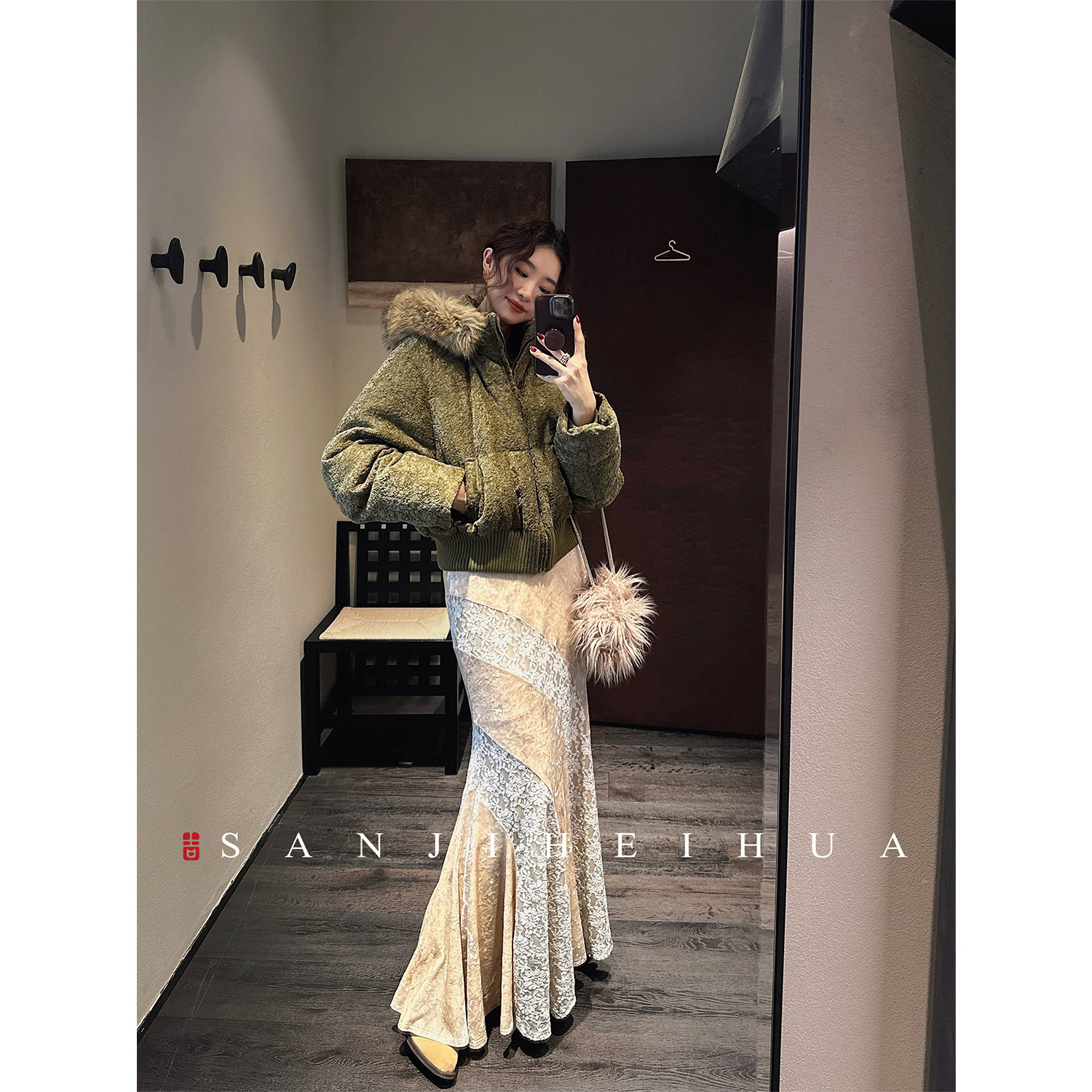 三吉黑花【汀兰】蕾丝鱼尾半神裙丝绒烫金拼雪尼尔冬女款2025新款