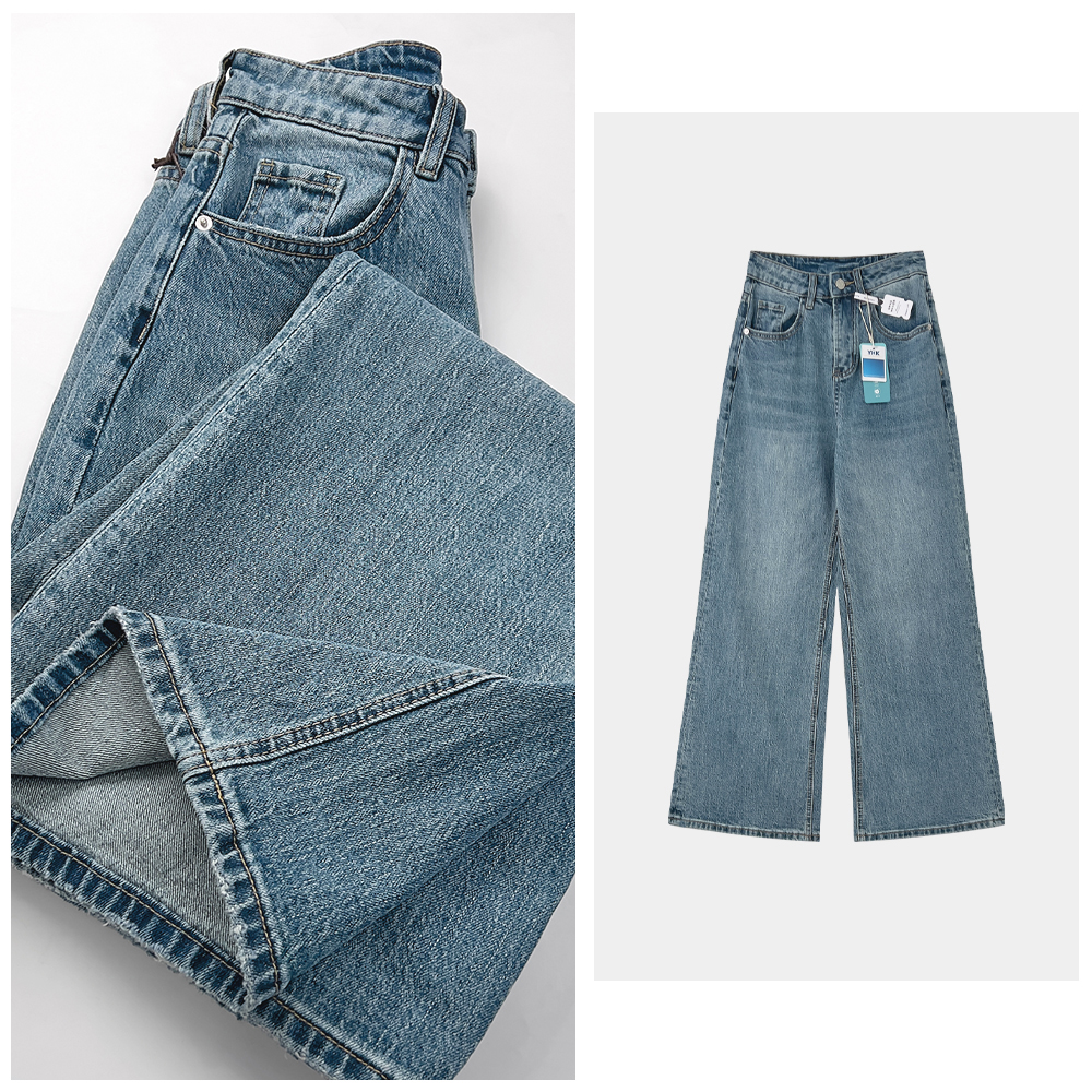 大表姐丨蓝鲸新款宝石绿树皮褶阔腿牛仔裤春季通勤百搭长裤L6929