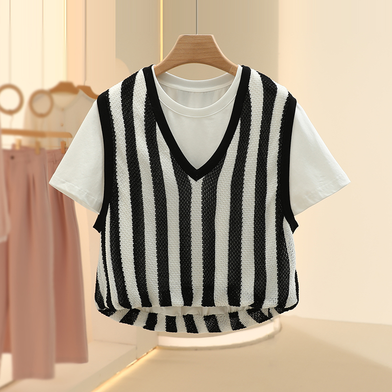 【良月】假两件气质百搭圆领短袖上衣2025春季七号铺专柜品牌女装