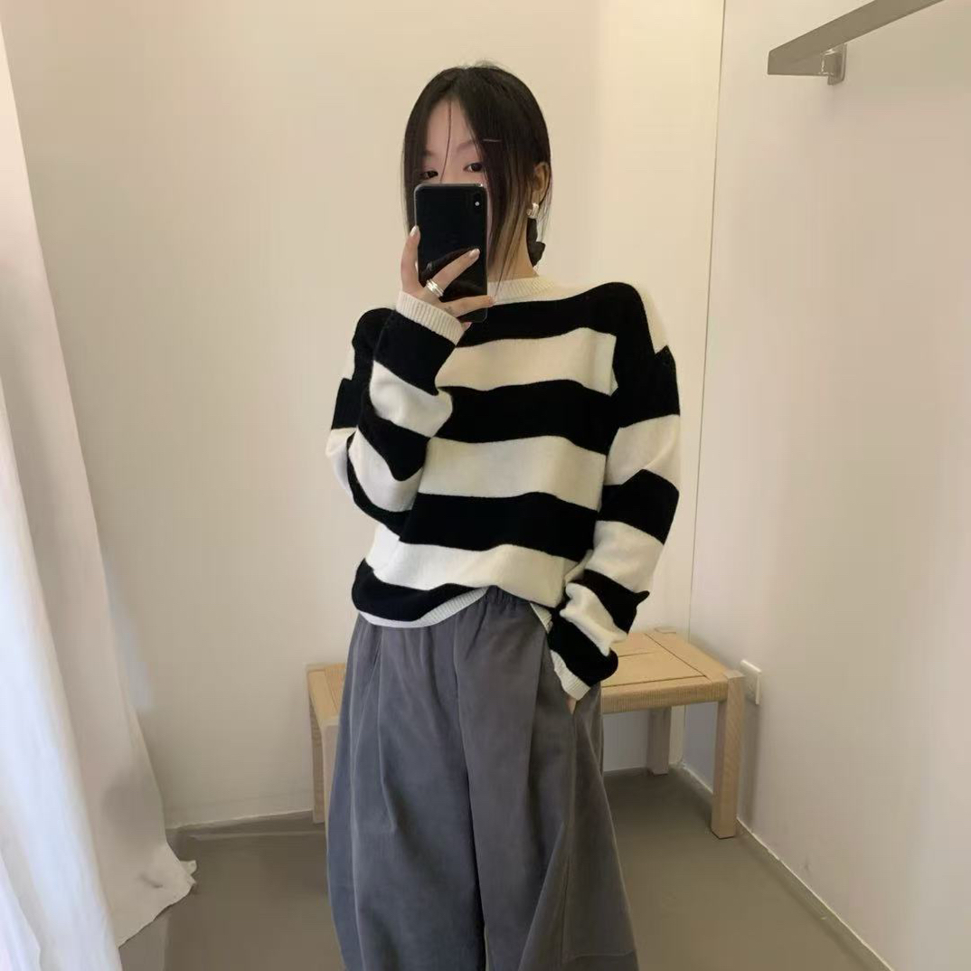 lovely@m3635 不要机洗！韩系休闲百搭撞色条纹圆领毛衣 12-15