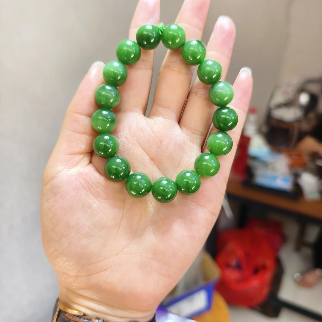和田玉碧玉阳绿猫眼手串12mm