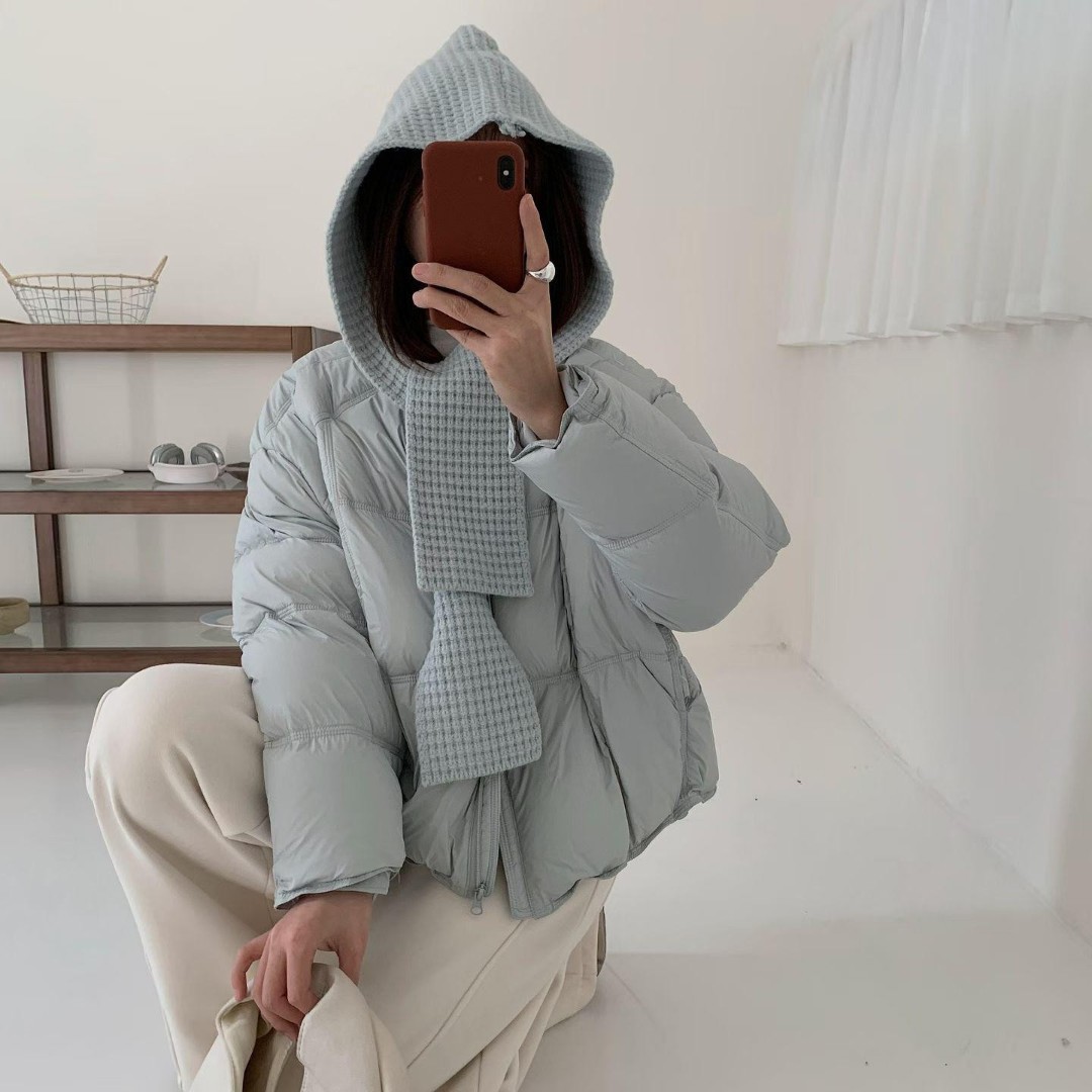 （带围巾帽）90绒白鸭绒短款小众设计感减龄针织连帽外套时髦