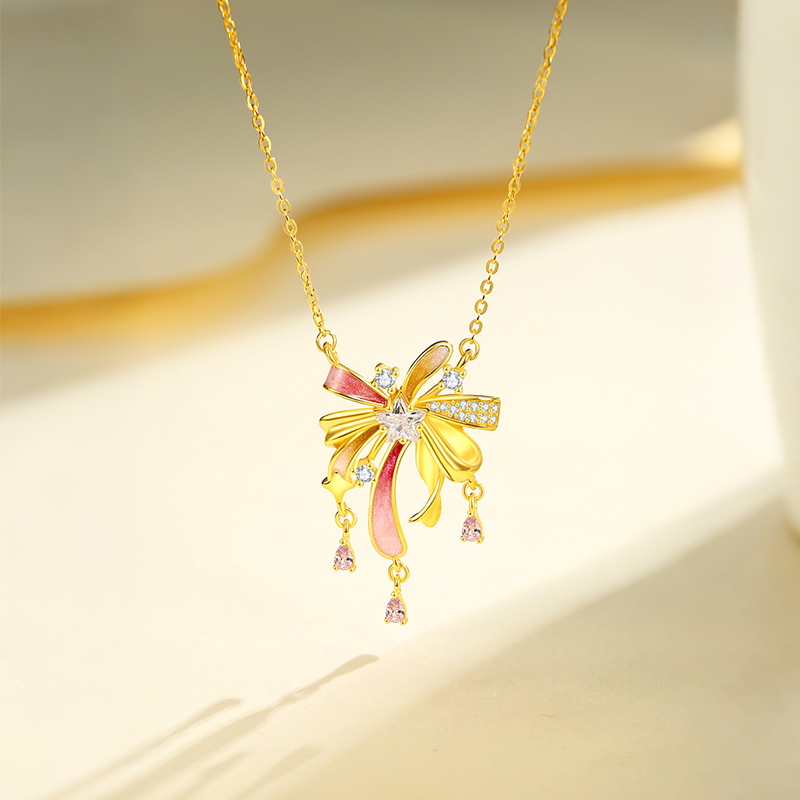 坠链均925银 项链女纯银荧光珐琅烟花锁骨链吊坠情人节送女友礼物