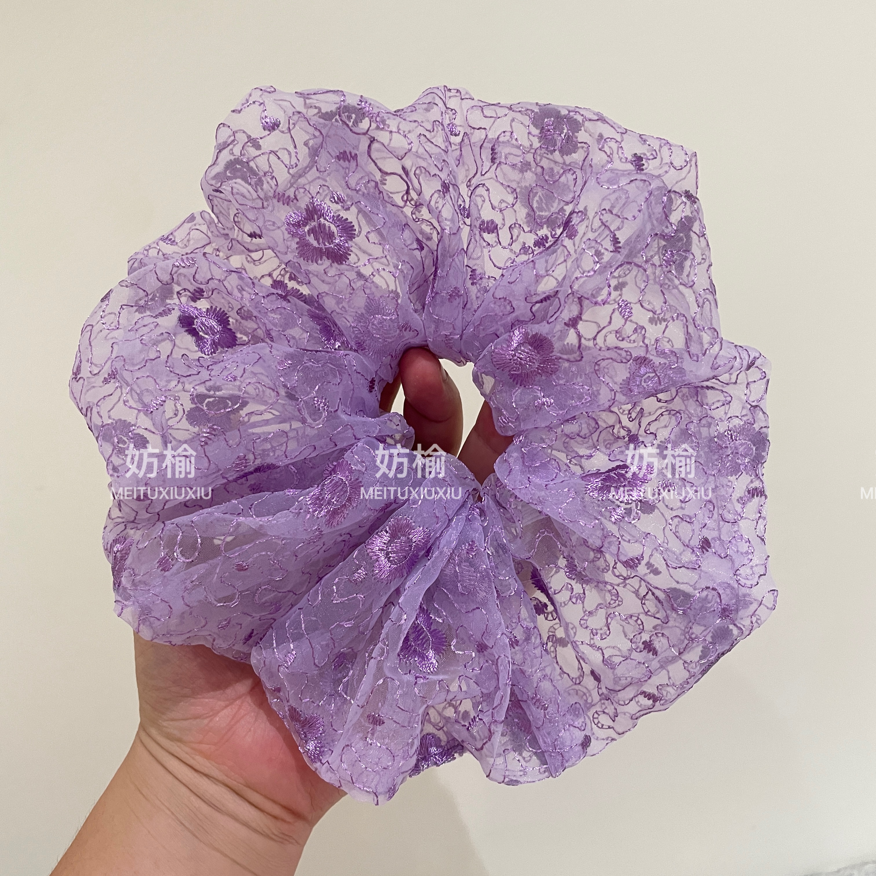 CQ023大版紫色蕾丝刺绣大肠发圈女后脑勺清新气质马尾发饰纯手工