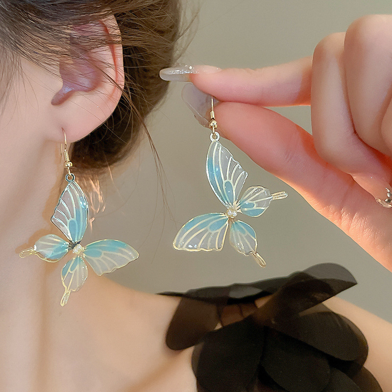 合金亚克力耳饰 多巴胺超仙蝴蝶流苏耳钩森系小清新高级气质耳饰