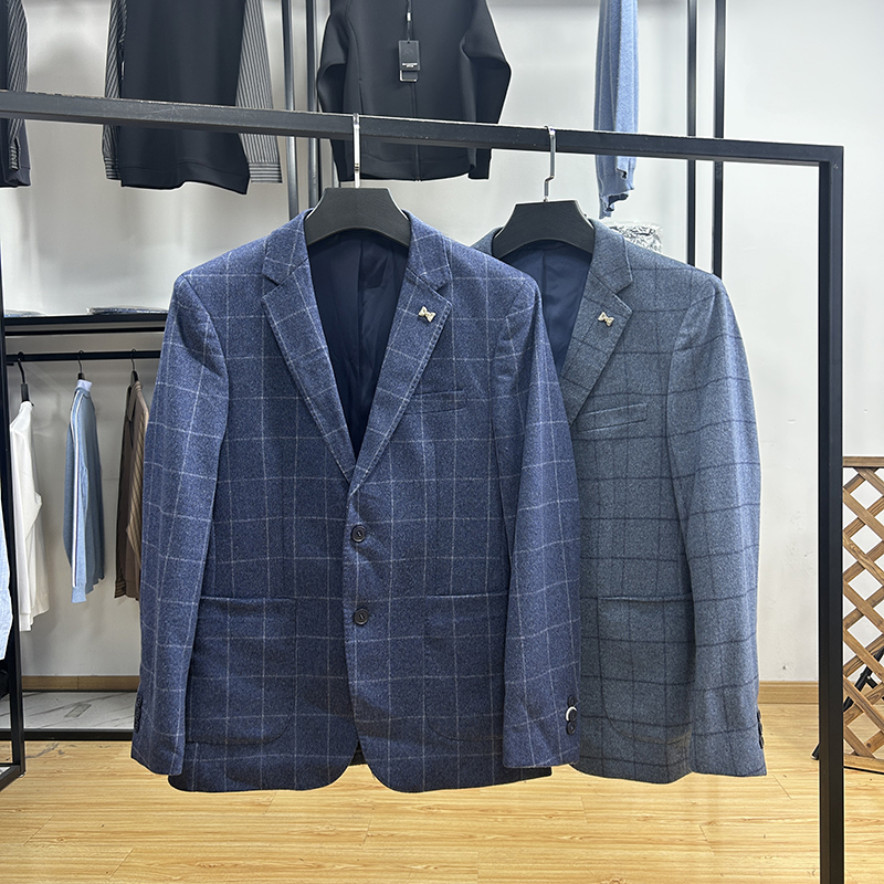 100羊毛！秋冬修身西装加厚格纹时尚休闲平驳领便西 H5T0029
