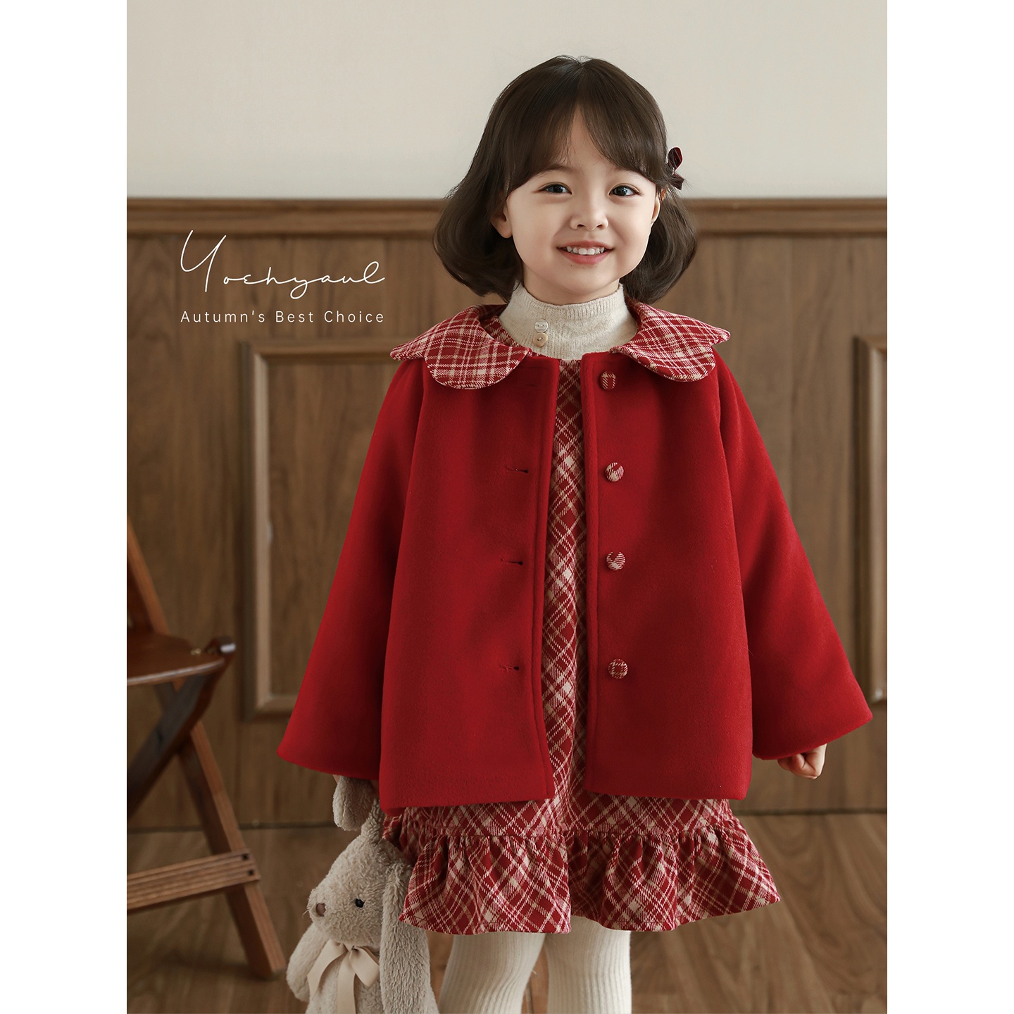 幼悠女童冬季娃娃领加绒保暖外套红色格子背心裙套装年服D4428