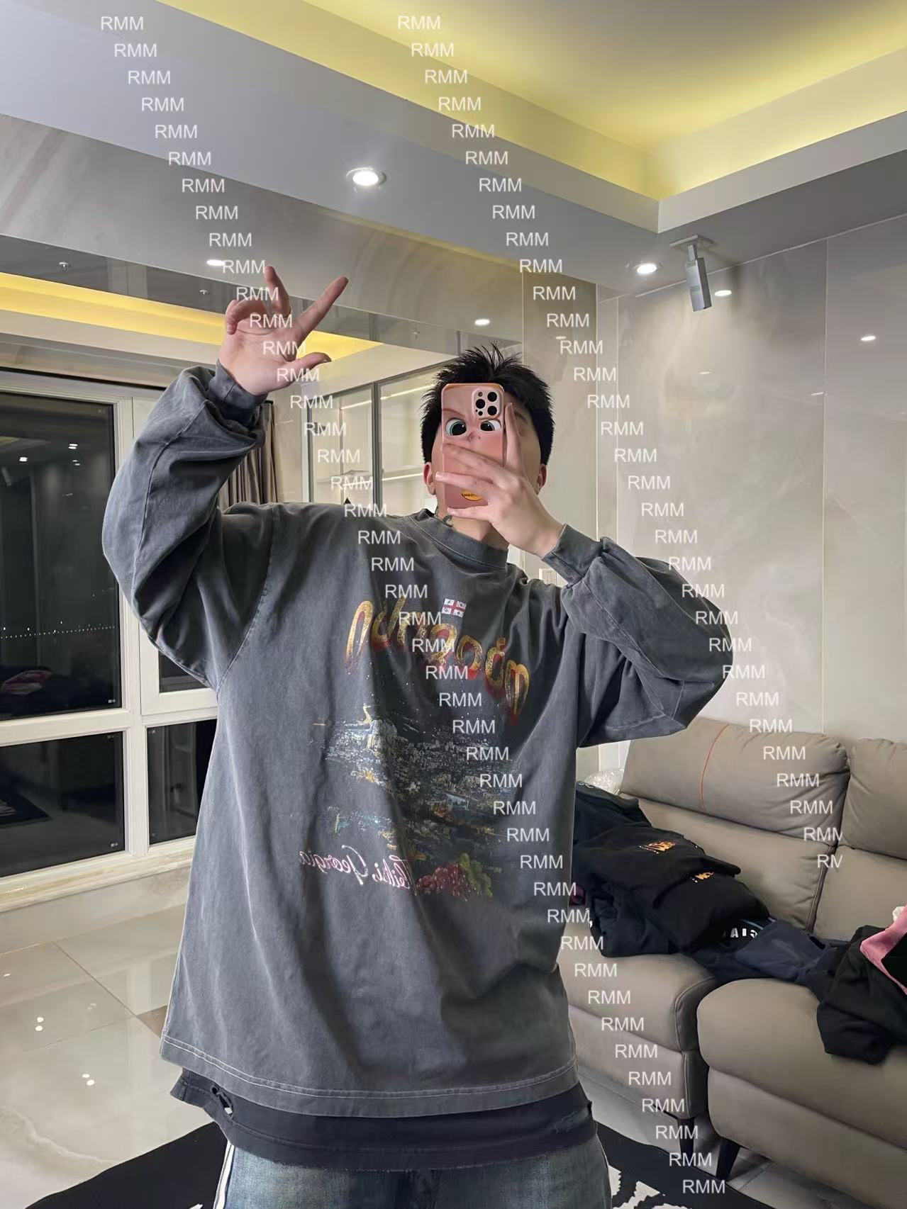 RAM出品 康利印花格鲁吉亚重洗水长袖T恤