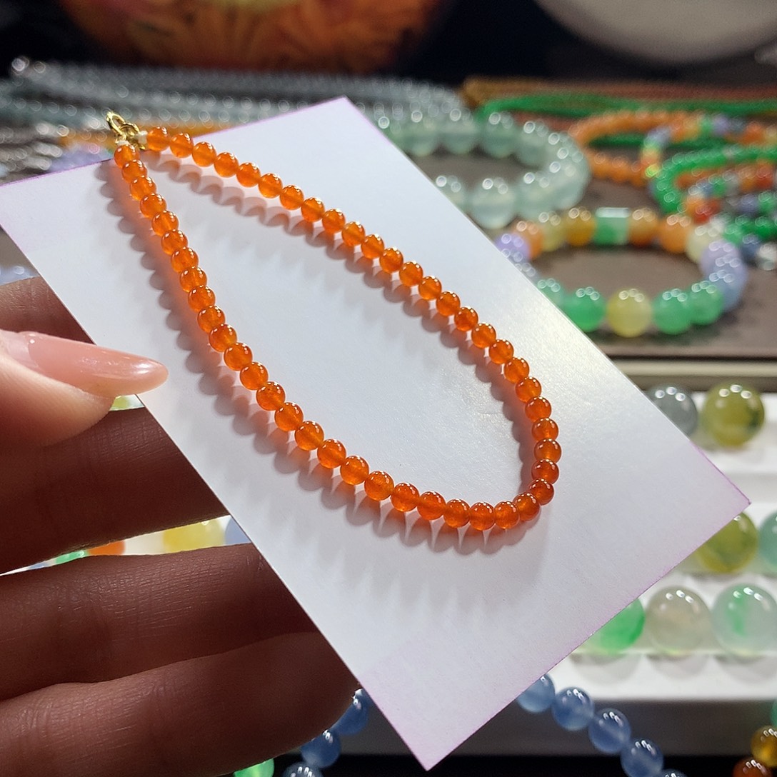 翡翠未镶嵌手链冰透满色橘红小米卡3.5