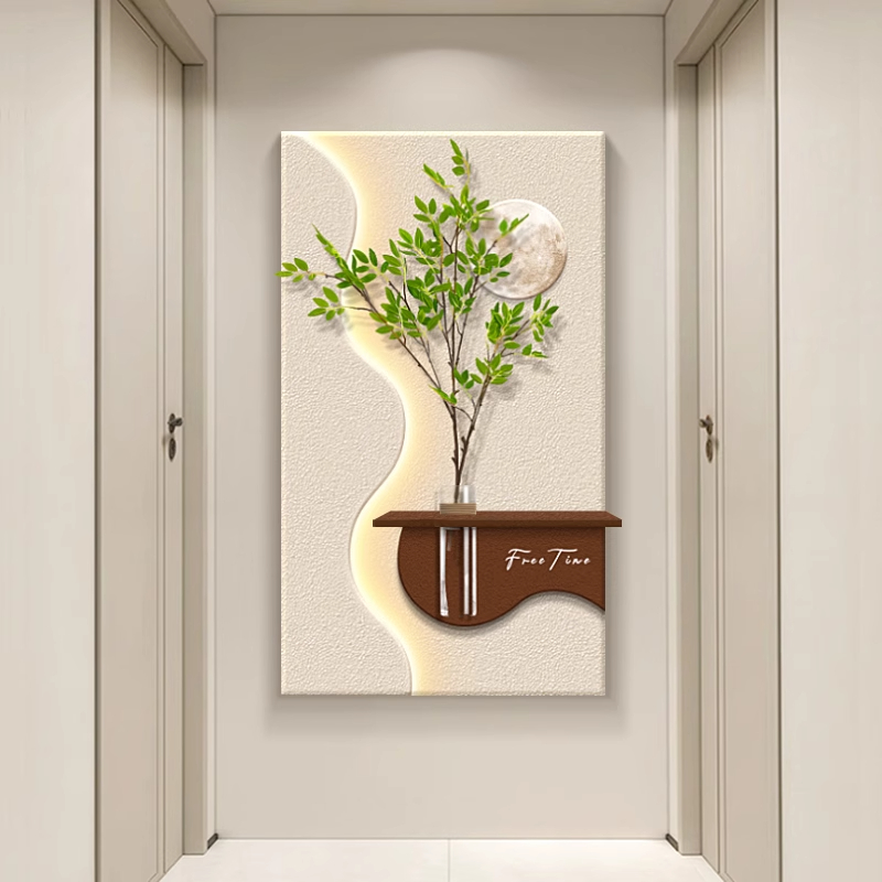 奶油风玄关装饰画水培绿植走廊过道尽头挂画入户正对门砂岩画造景