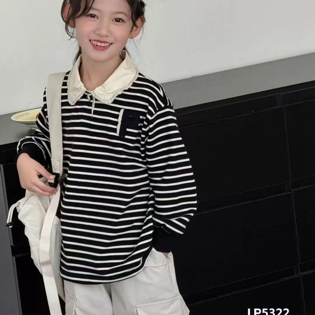 大E家童装条纹卫衣 5322女童百搭经典条纹上衣翻领卫衣25年春新款