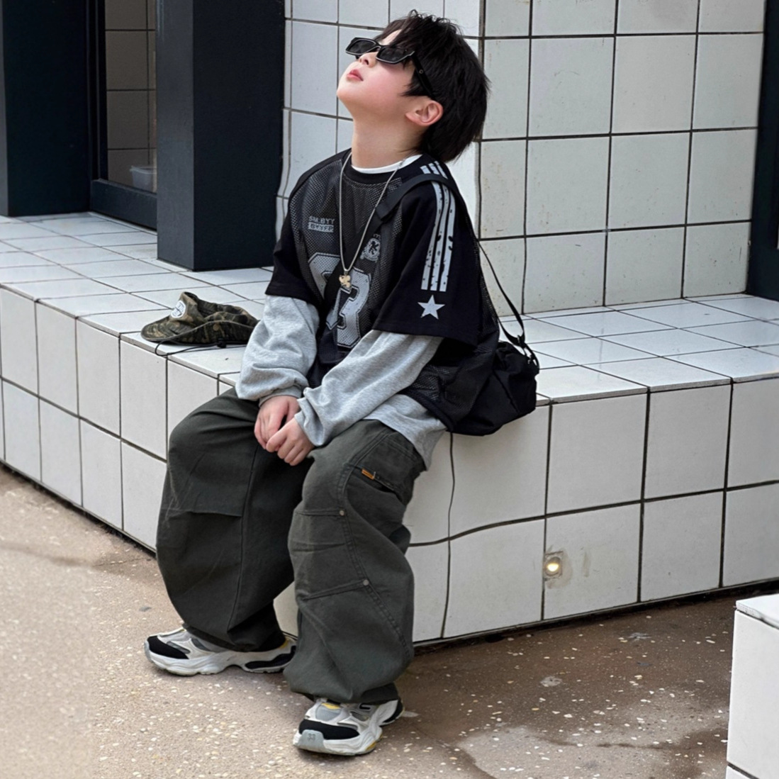 A.MU2025秋季新款【星耀】拼接袖套网眼假两件长袖T恤上衣男童