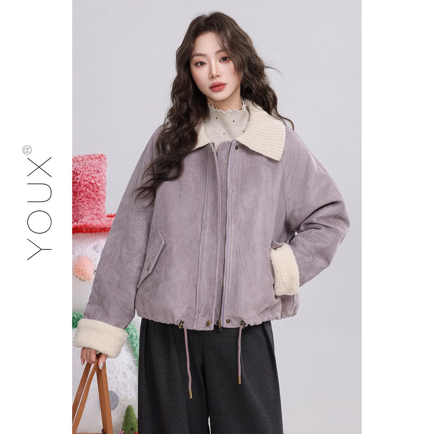 又巷【紫调漫叙】韩系复古紫色拼接针织领加绒外套女2025冬季新款