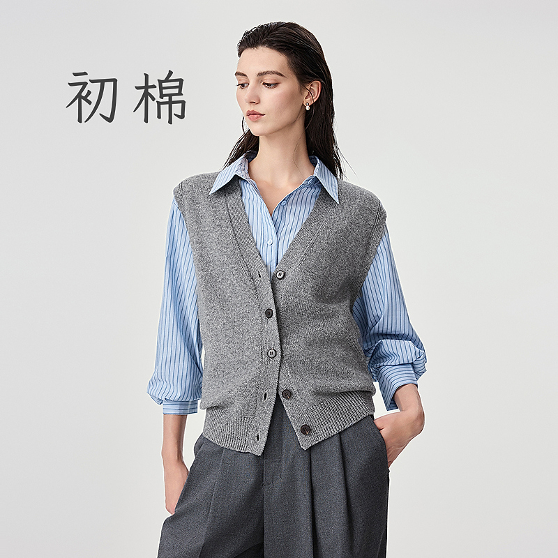 初棉【羊毛开衫马甲】叠穿神器羊毛V领马甲新品针织上衣366699002