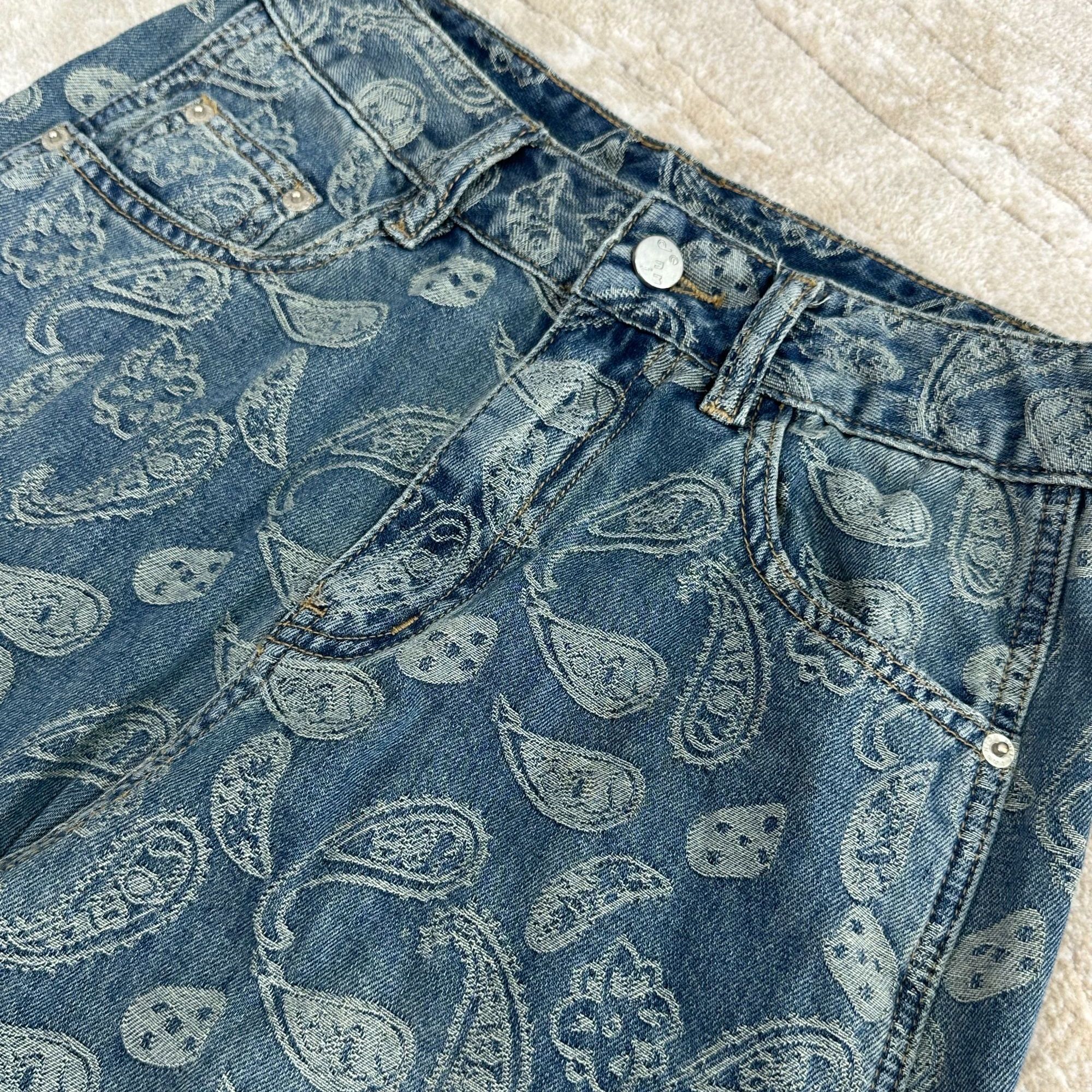 全新孤品潮流设计感腰果花老钱风做旧弯刀裤美式牛仔裤长裤女