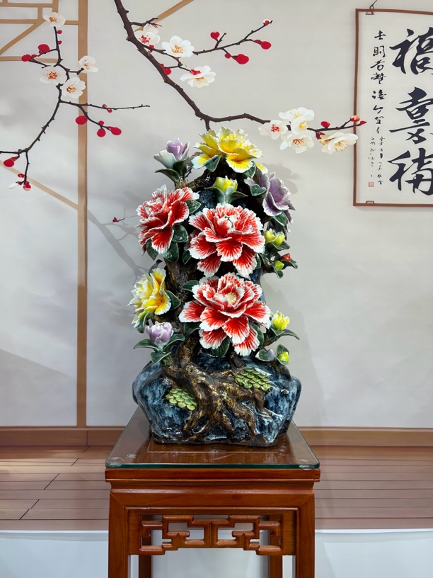 石湾陶艺牡丹花开富贵手工玄关摆件中式家居装饰-长35宽23高63
