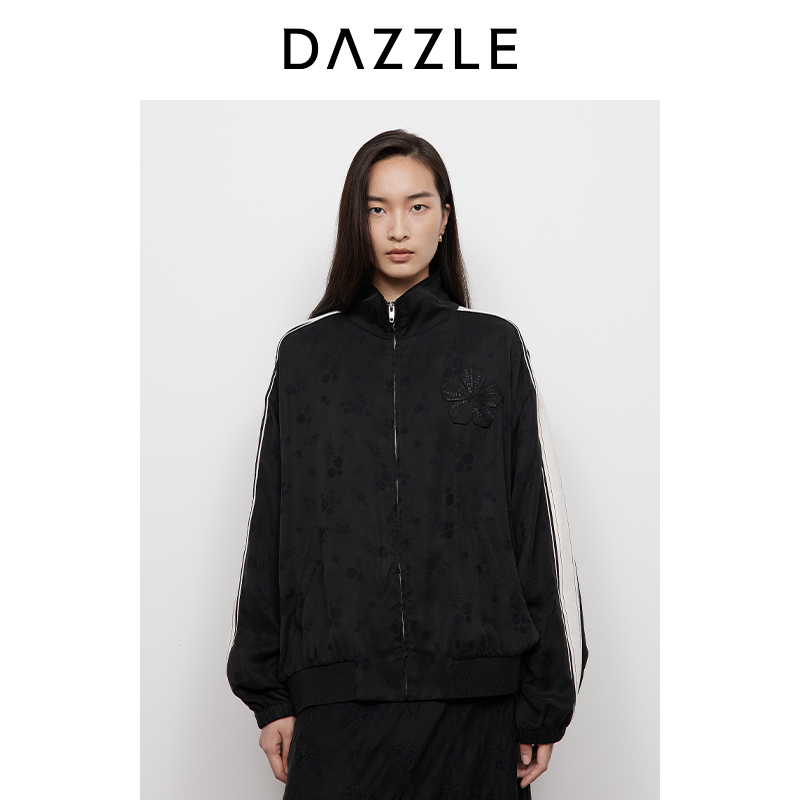 DAZZLE 地素短外套2025年春季新款黑色螺纹装饰夹克2J1F421
