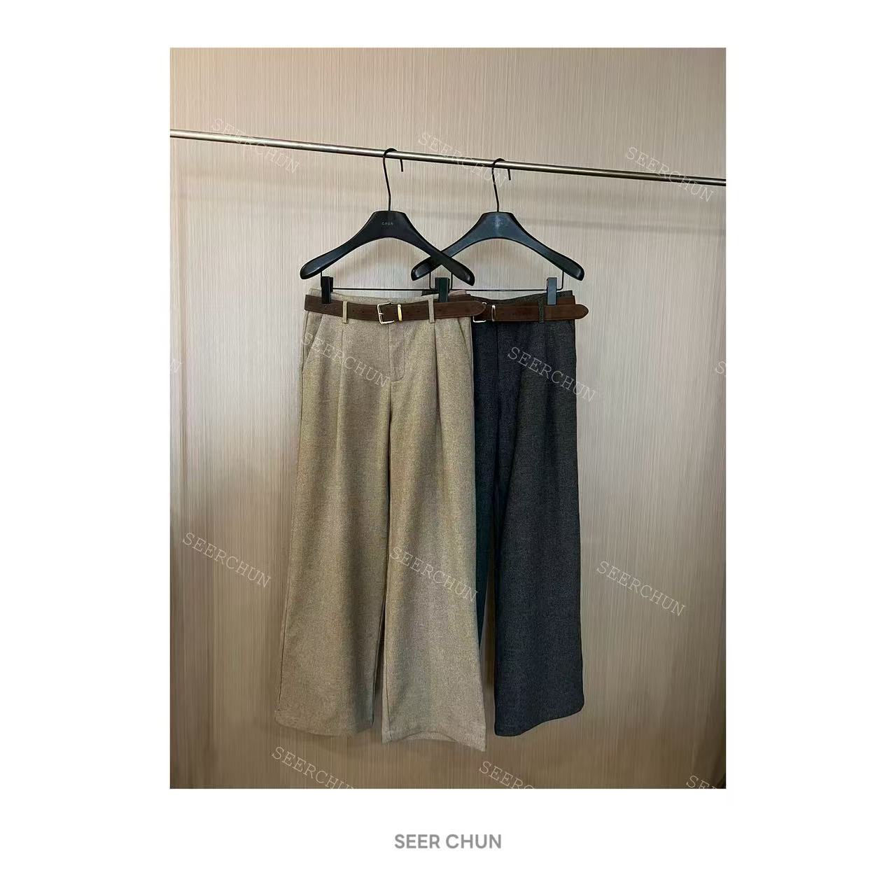 SEER CHUN“复古羊毛”腰带直筒裤 20686