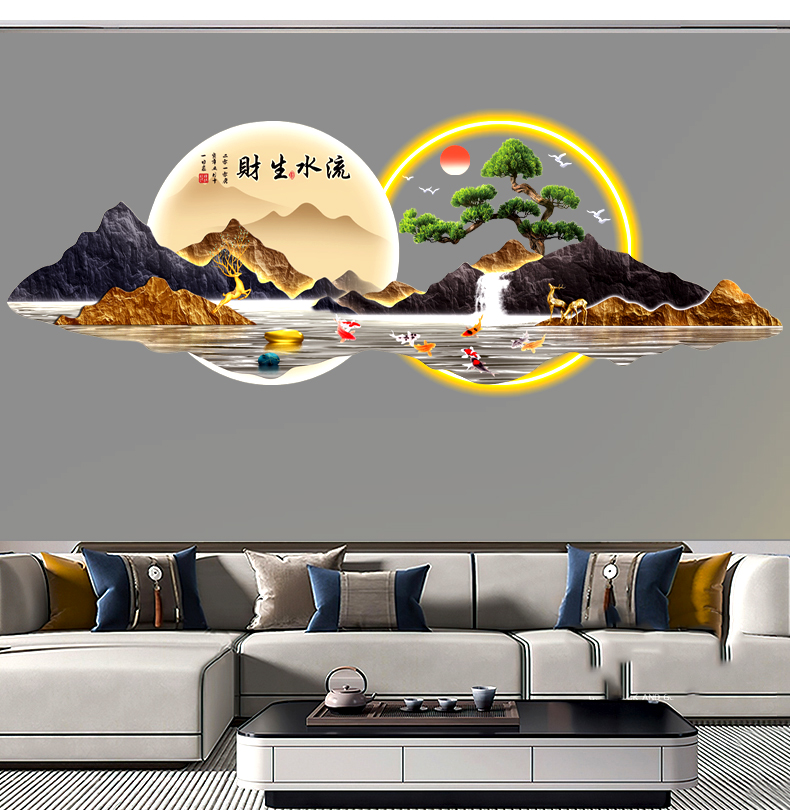 亚克力旭日东升流水生财玄关装饰画中式轻奢高级网红新房装饰品