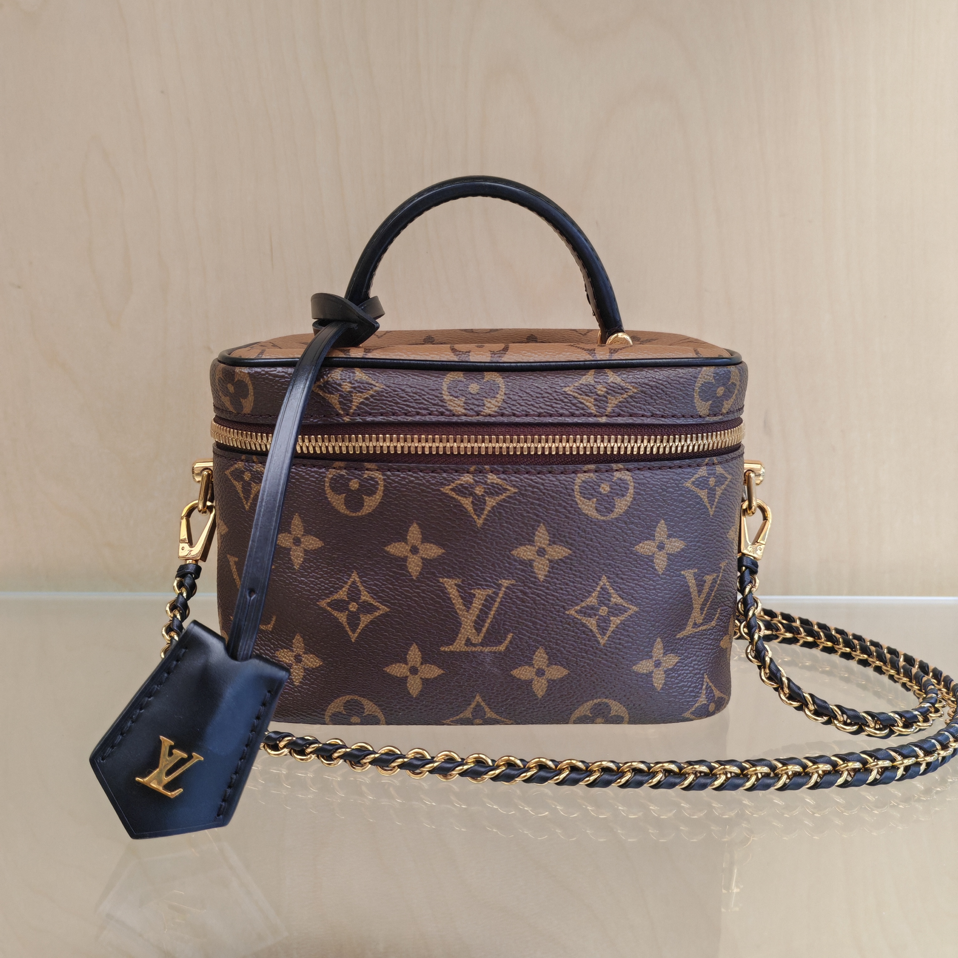 99新 LouisVuitton/路易威登 老花小号VANITY手提斜挎链条化妆包