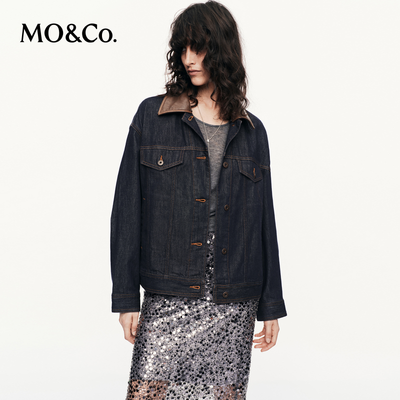 【陈嘉尔专属】MOCO牛仔夹克2025秋新品可拆卸皮领工装风MBE3JKTT07