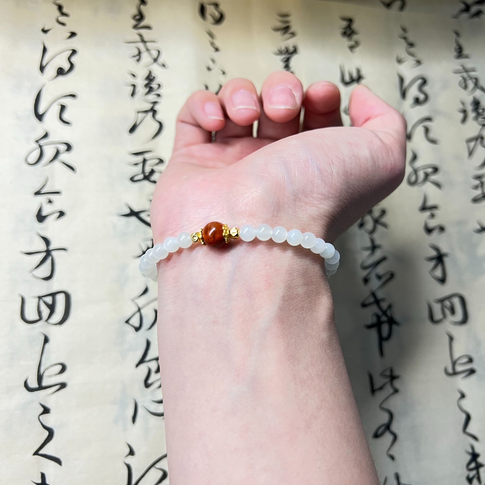 【熹梵】“梵”系列- 白玉圆珠卡5单圈手串