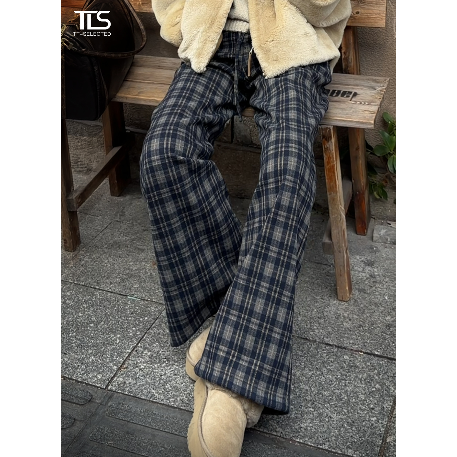 TT【格子控】重磅复古松弛格子直筒高腰松紧腰抽绳显瘦休闲裤CK5162