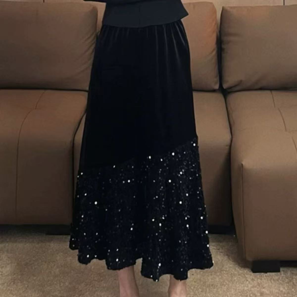 胖胖家*7052新款金丝绒拼接两片百搭显瘦半身裙