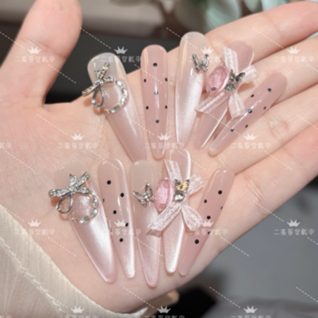 【浅香槟波点】纯手工穿戴甲高级感显白冰透猫眼美甲亮闪闪爆闪长尖