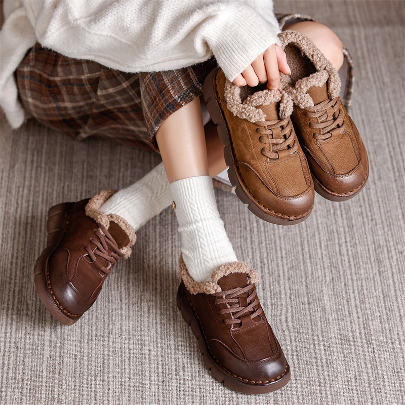 2025冬季新款加棉单鞋系带毛毛单鞋平底舒适牛皮厚底妈妈鞋百搭女
