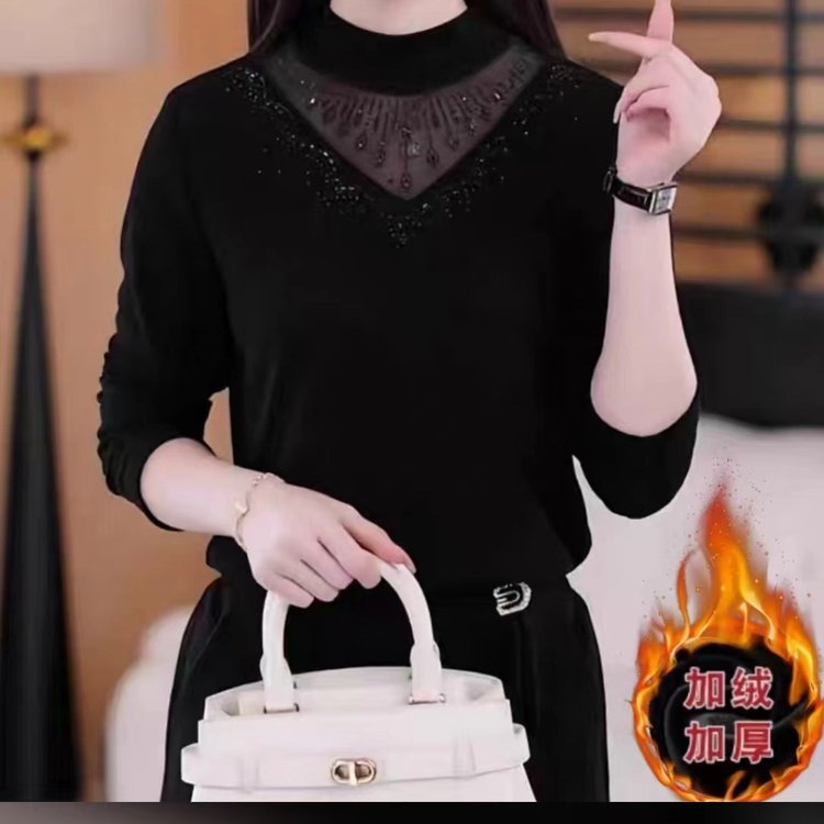M2236秋冬新款半高领烫钻打底衫中年妈妈装加绒保暖内搭上衣